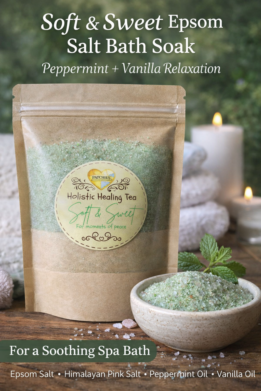 Soft & Sweet Peppermint Vanilla Bath Salts – Epsom Salt Bath Soak | Relaxing Spa Bath | Patchies Holistic Healing