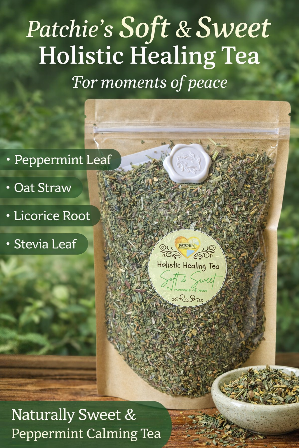 Soft & Sweet Herbal Tea – Peppermint, Oat Straw, Licorice Root & Stevia | Naturally Sweet Peppermint Tea | Patchies Holistic Healing Tea